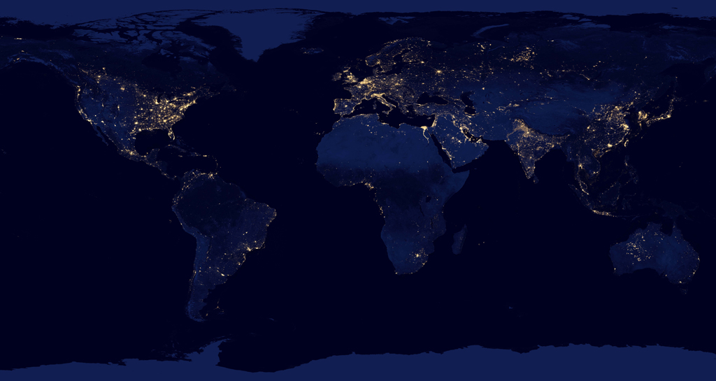 Composite map of the world assembled from data acquired by the Suomi NPP satellite in April and October 2012.NASA Earth Observatory/NOAA NGDC