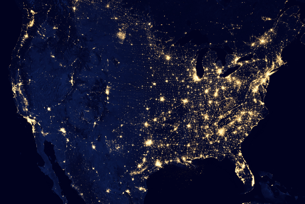 This image of the continental United States at night is a composite assembled from data acquired by the Suomi NPP satellite in April and October 2012. The image was made possible by the satellite's "day-night band" of the Visible Infrared Imaging Radiometer Suite (VIIRS), which detects light in a range of wavelengths from green to near-infrared and uses filtering techniques to observe dim signals such as city lights, gas flares, auroras, wildfires and reflected moonlight.NASA Earth Observatory/NOAA NGDC