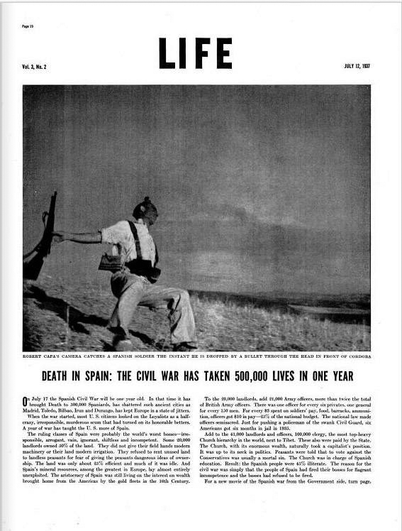 page from LIFE magazine with Capa's most famous photograph.